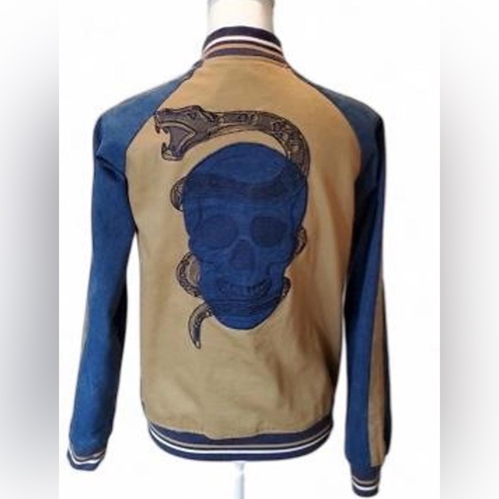 Epic Threads Blue & Tan Skull & Snake Bomber Jacket